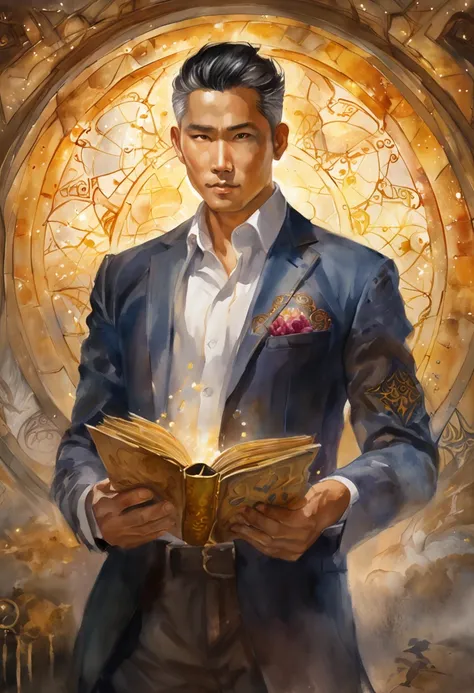 A detailed painting depicting a handsome, mature Asian man in a suit surrounded by a flurry of glowing Magic The Gathering cards and the book Dungeons and Dragons in the center.