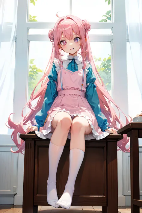 Pink hair loli，White knee-length socks，sit on chair，Two legs，Separate the legs，She wears a blue princess dress，Big chest，Be red in the face，Eyes looking upwards，Stick out your tongue，Two arms，arm on chest，The legs are spread widely,Expose the genitals