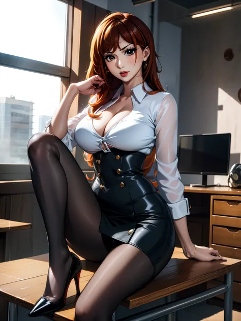 Girl, red lips, big nose, big tits, long hair, orange hair colors, fair skin, office clothes, white clothes colors, black skirt colors, black stocking colors, black high heels colors, sexy body, Sit down pose, sexy pose, elegant pose, beautiful girl, in ro...