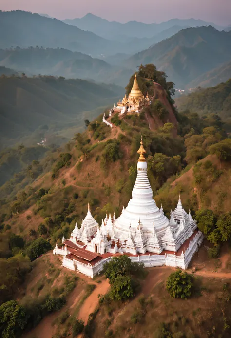 landscape of Myanmar, white pagoda and monastery on the hill, intricate image