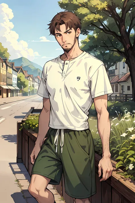 Henley collar t-shirt, baggy shorts, dark green and white clothing, young adult, 20 years, ikemen, brown eyes, detailed eyes, brown hairs, short hair, beard, cool expression, cool looks, cool pose, strong, athletic, chill pose, masterpiece, European villag...