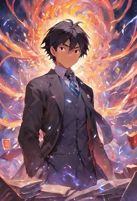 A detailed painting depicting a handsome, mature 30 year Asian man in a suit surrounded by a flurry of glowing Magic The Gathering cards and the book Dungeons and Dragons in the center.