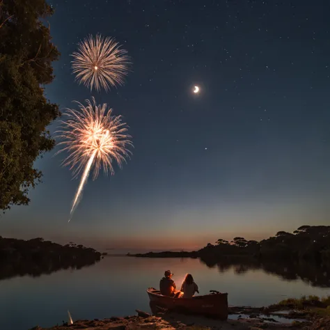 crie um amendoim pescando e com fogos de artificio ao fundo, But with the moon splitting in half because of Jupter