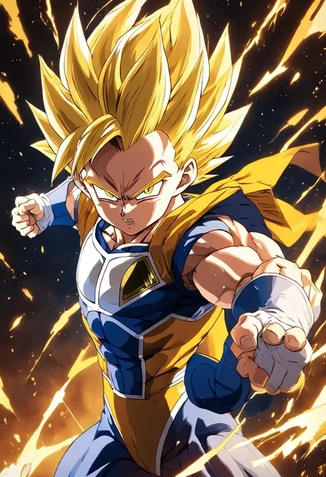 (a detailed illustration of Vegeta super saiajyn wrapped in a yellow energy, corpo inteiro, estilo de Akira Toriyama, alta qualidade, fundo detalhado, dynamic action, intense expression)