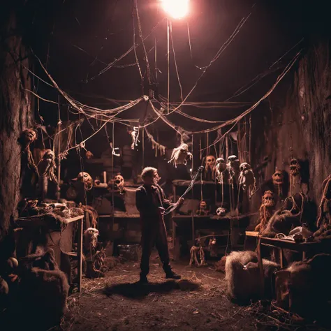 puppeteer holding the strings of a puppet with horror elements in a dark spooky location