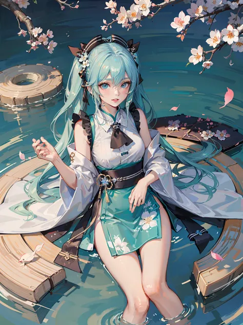 8k，Highest image quality，Big breasts Hatsune Miku，The color combination with a hint of chill is very close to the temperament of the original painting。The Hatsune hair on the plum blossom tree ripples like water waves，Very impressive，This artistic concepti...