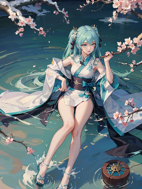 8k，Highest image quality，Big breasts Hatsune Miku，The color combination with a hint of chill is very close to the temperament of the original painting。The Hatsune hair on the plum blossom tree ripples like water waves，Very impressive，This artistic concepti...