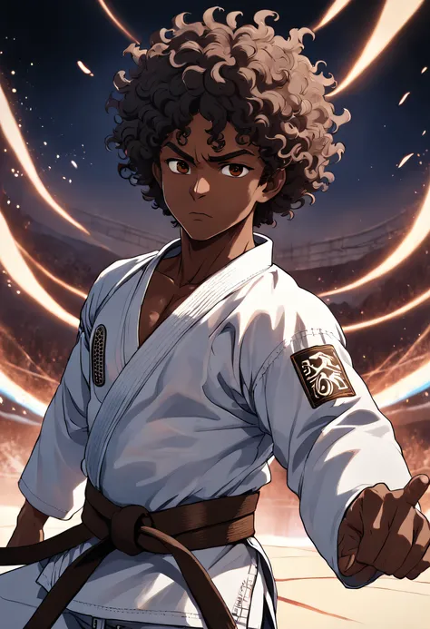 Black man with curly hair Jiu Jitsu brown belt with wolf features