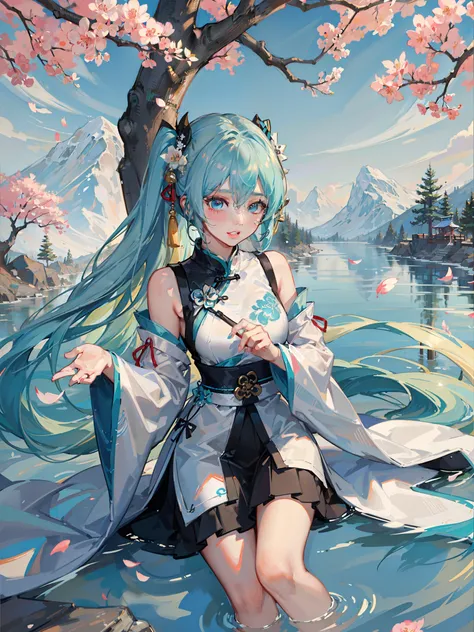 8k，Highest image quality，Big breasts Hatsune Miku，The color combination with a hint of chill is very close to the temperament of the original painting。The Hatsune hair on the plum blossom tree ripples like water waves，Very impressive，This artistic concepti...