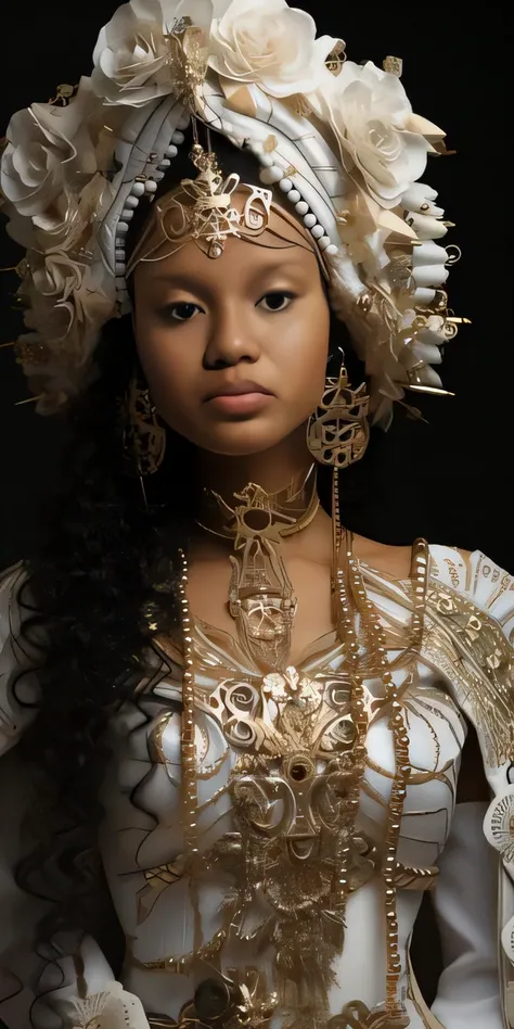 um close up de uma mulher usando um vestido branco e joias de ouro, usando uma roupa ornamentada, Retrato da princesa asteca, cocar de ouro intrincado, usando roupas ornamentadas, headpiece ornamentado, elaborate ornate head piece, Retrato de uma jovem Poc...