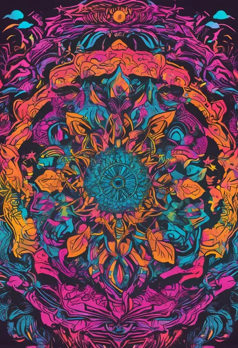 cores fosforescentes criam imagem do rosto de Mestre Irineu Serra  , surrounded by mandalas and neon-style colorful energetic cosmic roots