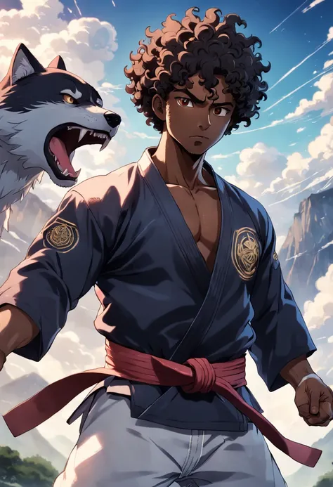 Black man with curly hair Social brown belt of Jiu Jitsu with wolf features