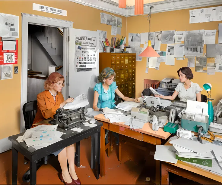 there are two women sitting at a table working on a typewriter, colorized, colorized photo, a colorized photo, colourized, award winning colorized photo, colorized photograph, colorized background, colourised, vintage color photo, working in an office, psy...