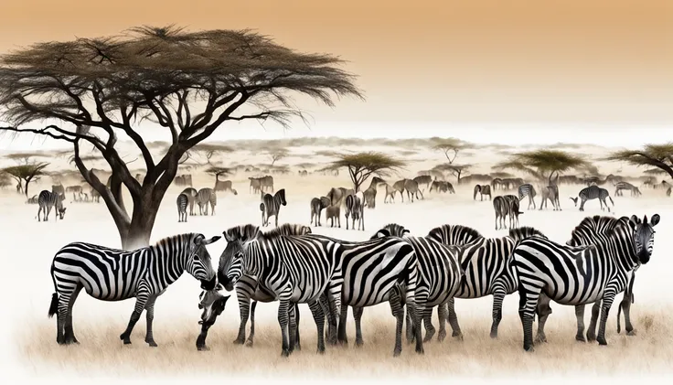 A safari in the heart of the African savannah, onde um grupo diversificado de animais coexiste pacificamente, zebras pastando ao lado de gnus, a clear, open sky conveying a sense of freedom and vastness, 插圖, digital watercolor technique, capturando a harmo...