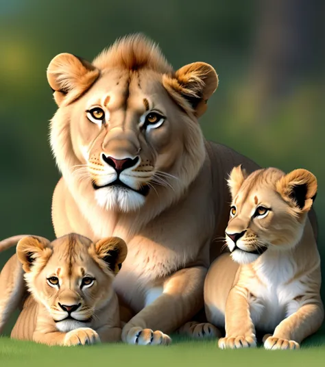 Image of a lioness and two cubs of lion cubs, adorable digital painting, cute detailed digital art, Cute lion, lions, Cute digital art, cute detailed artwork, realistic illustration, Realistic scene, ultrarealistic illustration, amazing art, digital cartoo...