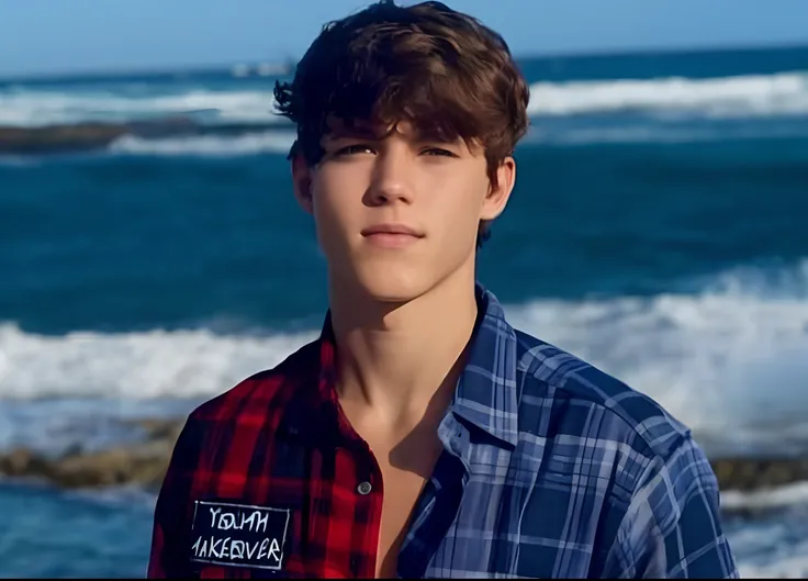 Image of a boy standing on the beach with the ocean in the background, inspired by John Luke, Declan McKenna, foto de perfil, tommy 1 6 anos de idade, Jamie Coreth, taken in the early 2020s, Max Dennison, zac retz, foto do perfil, foto de perfil, Twink, To...