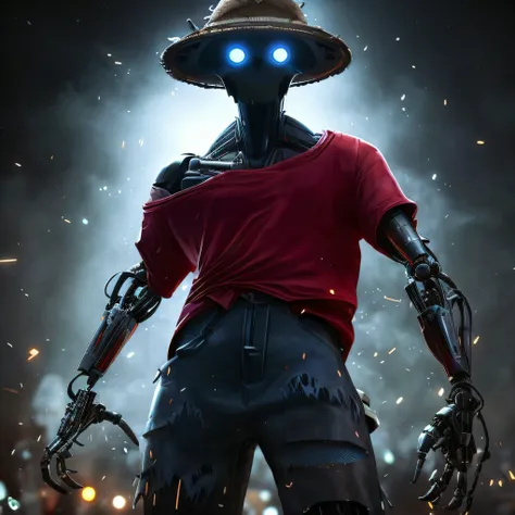 Theres an android robot with a hat and red shirt , alien robot luffy, death and robots, Personagem humanoide, Vencedor do concurso CGSetline, espantalho masculino poderoso, Vencedor do concurso CGSetline!!, Vencedor do concurso CGSetline!!!, 3 d render art...