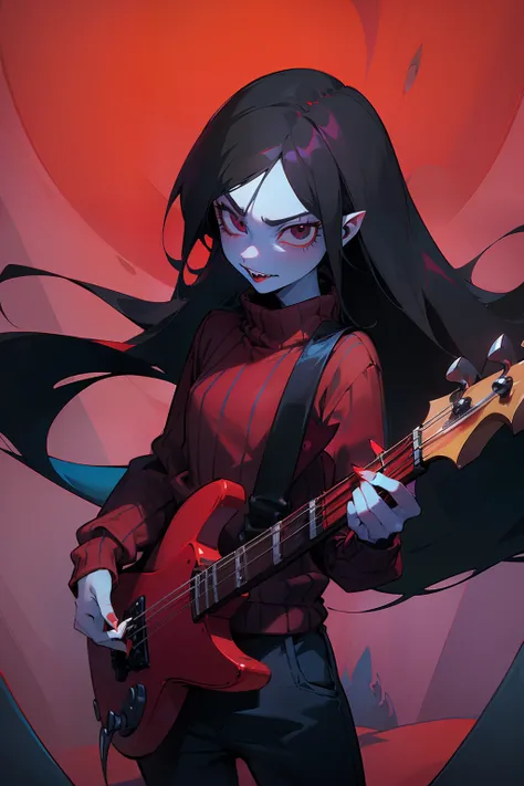 (masterpiece, ultra detailed) ((Marceline)), (adventure time character), ((black eyes)), (playing an axe bass), ((blue skin)), (vampire teeth), ((wearing a red and black striped sweater)), ((wearing pants))