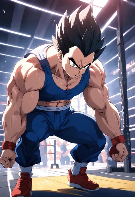 a T-shirt illustration of Vegeta working out intensely in a gym