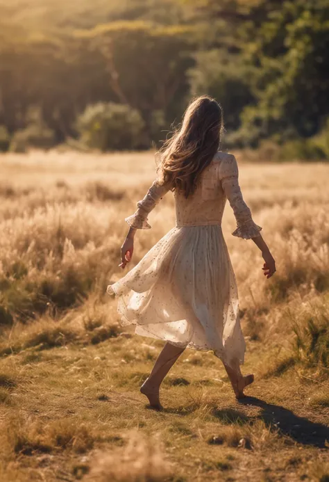 Make a classical ballerina, com sapatilhas de ponta, com figurino de camponesa, Dancing in a field, foto realista, qualidade 8k, fullhd