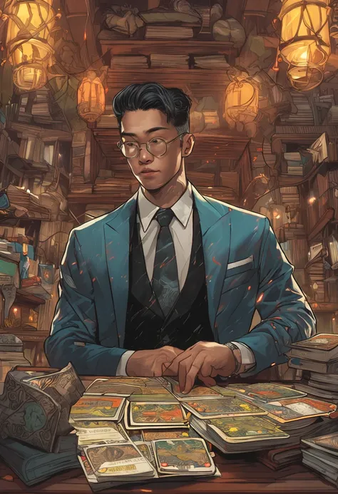 Detailed paintings depicting handsomeness, Mature 25 year old Asian man，dressed in a suit，Surrounded by a string of glowing Magic Gathering Cards and the middle one《dungeons and dragons》A book.