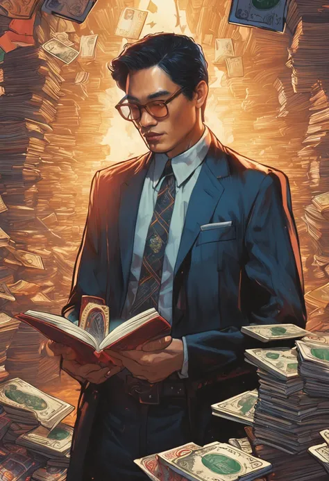 Detailed paintings depicting handsomeness, Mature 25 year old Asian man，dressed in a suit，Surrounded by a string of glowing Magic Gathering Cards and the middle one《dungeons and dragons》A book.