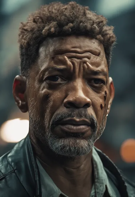 uma foto de Will Smith focada no rosto, perfil, olhos serrado, imagem real. ultra realista, 8k, mega realista, fundo escuro, angry expression, chuva, eyes full of tears, chorando, ultra real, qualidade de cinema, realidade humana, fundo escuro, choro