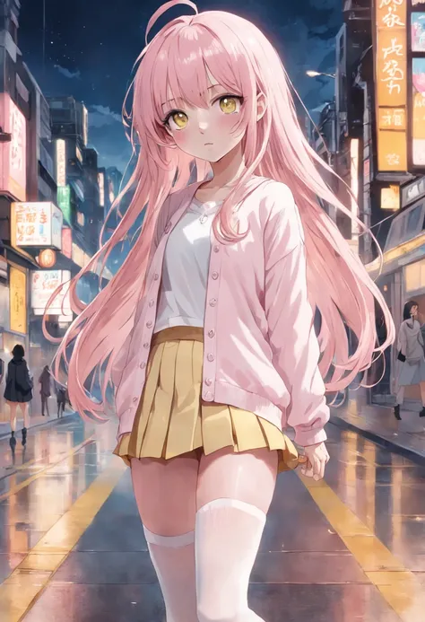 Gentle beautiful teen girl, Tall girl, Pastel pink long hair with bang, pastel yellow big eyes, Lovely look, Slightly blushing, Wearing plain white shirt, with light yellow cardigan, and light pink, skirt Wears long white knee socks, and black school shoes...