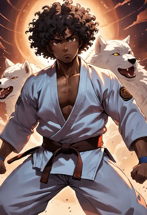 Black man with curly hair Jiu Jitsu brown belt with wolf features