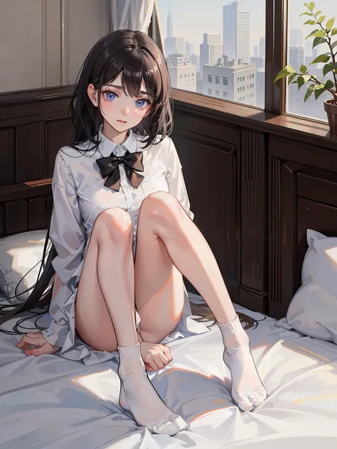 black color hair，Jk young girl with short and medium black hair，white short socks，White pile socks，8K，Need,tmasterpiece,Bedrooms，inns，whaite hair,Blue-eyed girl kneeling in front of the bed,White shirt with buttons unbuttoned,seminude，Look up at the perspe...