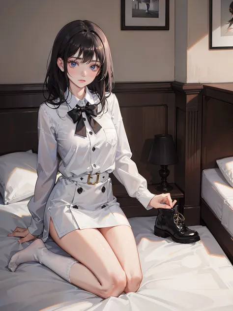 black color hair，Jk young girl with short and medium black hair，white short socks，White pile socks，8K，Need,tmasterpiece,Bedrooms，inns，whaite hair,Blue-eyed girl kneeling in front of the bed,White shirt with buttons unbuttoned,seminude，Look up at the perspe...