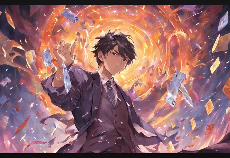 A detailed painting depicting a handsome, mature Asian man in a suit surrounded by a flurry of glowing Magic The Gathering cards and the book Dungeons and Dragons in the center.