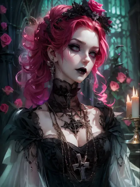 HighestQuali，tmasterpiece：1.2，Detailed details，1 Gothic girl，Black victorian dress，Gorgeous headdress，Bust，Rose flower，crosses，silver ornaments 、redheadwear、colorful hair with victorian updo hairstyle 、paleskin、Black lipstick and eye shadow，Accessories inc...