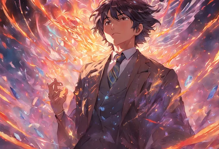 A detailed painting depicting a handsome, mature Asian man in a suit surrounded by a flurry of glowing Magic The Gathering cards and the book Dungeons and Dragons in the center.