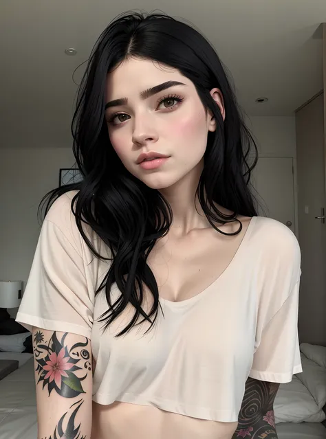 A closeup of a beautiful woman with a tattoo on her arm, menina atraente, Foto de perfil do headshot, cabelo e maquiagem escuros, cabelo escuro maravilhoso, with pale skin, pale glowing skin, She has black hair, messy black hair, pale fair skin!!, menina c...