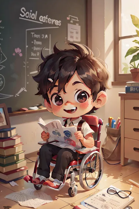 Super cute little boy in wheelchair full body 3D image, 3D de corpo inteiro, 1pc, bons olhos olhando, olhos grandes, fofo, Feliz, c4d, pop matt caixa cega, cabelo preto curto, na empresa clasroom school, holding a poster in his hands, smilling