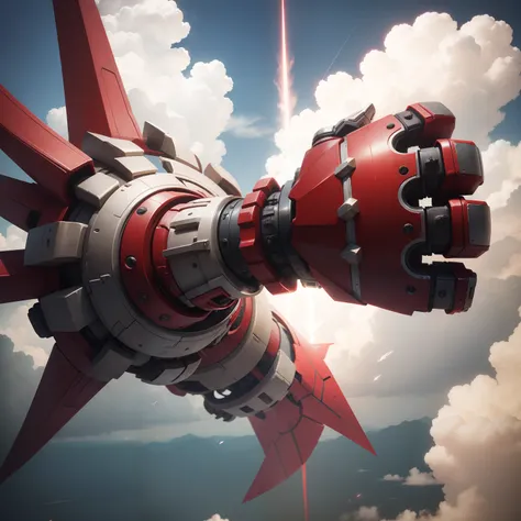 Red mechanical gauntlets with white flying in the sky