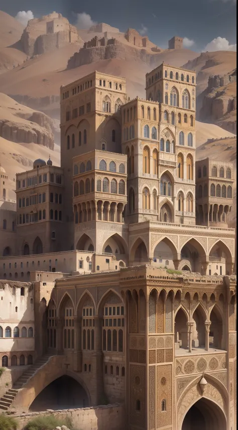 Old Sanaa Yemen, a realistic building , Castle, Palace, Stone