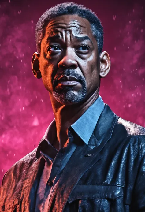 uma foto de Will Smith focada no rosto, 27 anos, perfil, olhos serrado, imagem real. ultra realista, 8k, mega realista, fundo escuro, angry expression, chuva, eyes full of tears, chorando, ultra real, qualidade de cinema, realidade humana, fundo escuro, ch...