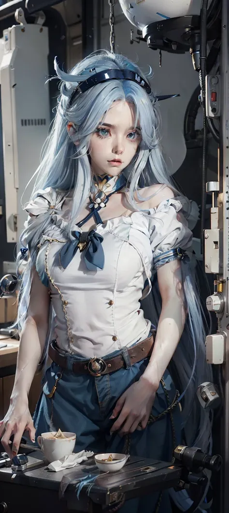 Close-up of a man with long blue hair in a sailors costume, an anime drawing inspired by Rei Kamoi, trending on pixiv, tachisme, Anime girl cosplay, Anime girl in real life, long  white hair, Perfect white haired girl, She has a cute face, anime-inspired, ...