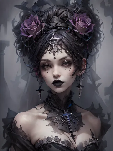 highestquali，tmasterpiece：1.2，detailed details，1 gothic girl，black victorian dress，gorgeous headdress，bust，rose flower，crosses，s...