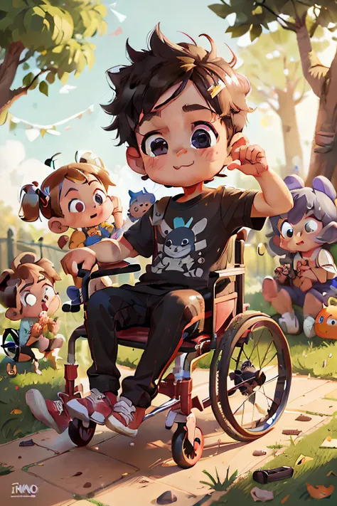 Super cute little boy in wheelchair full body, playing with 3 little friends, playing with colors, 3D image, 3D de corpo inteiro, 1pc, bons olhos olhando, olhos grandes, fofo, Feliz, c4d, pop matt caixa cega, cabelo preto curto, in the park