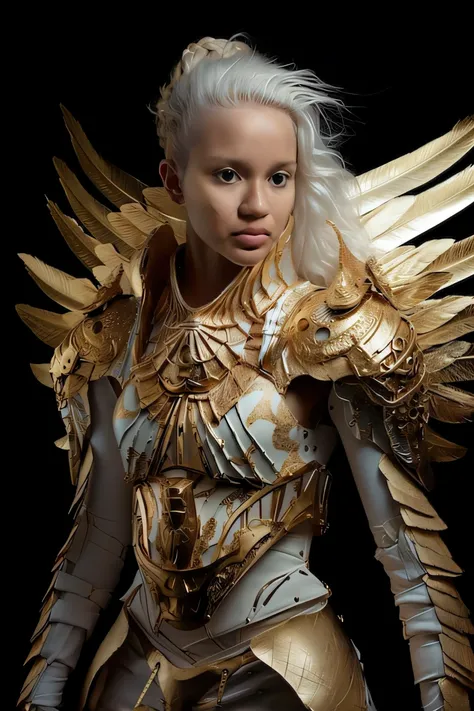 um close up de uma mulher em uma armadura de ouro com asas, intrincada armadura branca e dourada, Armadura Dourada Angelical, armadura branca e dourada ornamentada, usando armadura de fantasia, armadura impressionante, cosplay ornamentado, armadura pesada ...