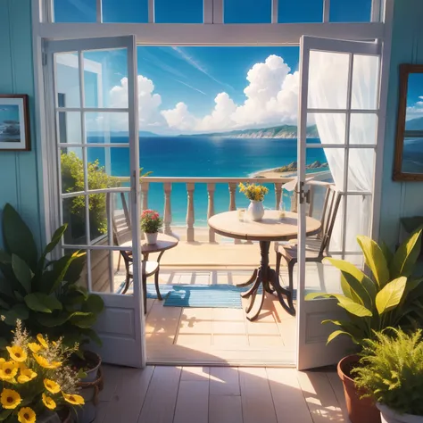 Window overlooking the sea, sunny summer morning, highly detailed, beautiful