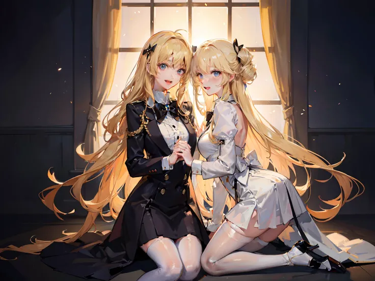 ((top-quality，8K，Manhwa Style:1.4，tmasterpiece，Blonde waist-length curls))，white stockings，White shirt，Black bow，back Lighting，Beautiful girls，18 years old Ultra-delicate skin，A detailed eye，A smile，Slightly open mouth，Look at each other，is shy，Be red in t...