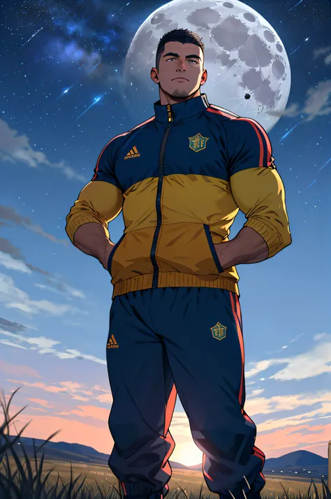 Draw a full-fledged footballer，Standing on the steppe at night，He was wearing a tracksuit，The man looks confident and determined，looking-down，Crew cut，full bodyesbian，Stars dot the sky，shooting from below，Big moon highlights background