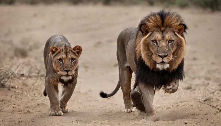 Create the image of a black lion preparing to attack.