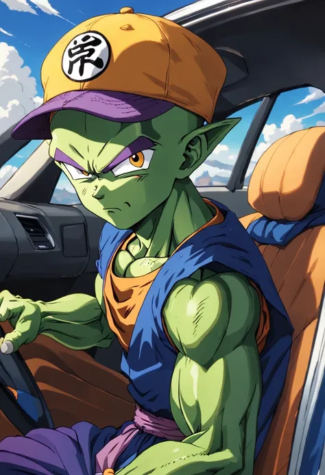 "Piccolo Dragon Ball Z, detalhado, wearing a cap and a yellow shirt, dirigindo um carro."