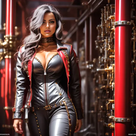 steampunk sexy Spanish woman, (steampunk vault:1), (pipes everywhere:1.1), (red polyvinyl Jacket With Rivets:1.3), (gray hair:1.4), (open zipper:1.5), (sexy:1.5), (erotic:1.5), best quality, sunlight, detailed face, gorgeous eyes, realistic skin details, h...