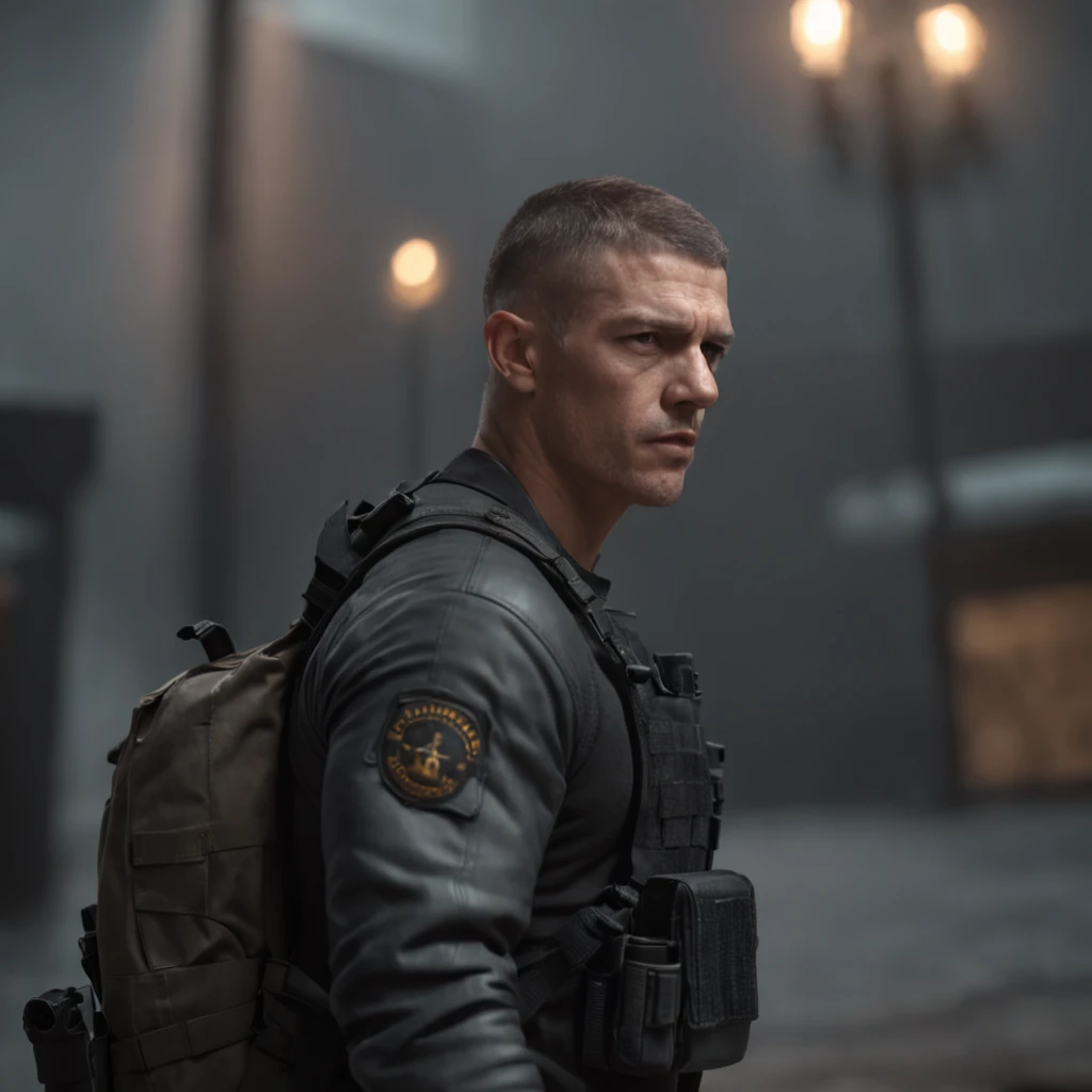 (Professional 3D rendering:1.3) de (Realistic:1.3) foto de arte mais bonita do mundo，soft features, brilliant male heroes, (Homem negro, militar, with black tactical clothing, cabelo curto, low fade, buzzcut hairstyle, with tactical pants and jacket, bodyb...